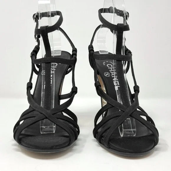 Chanel Pearl Heel Grosgrain Gladiator Sandals Black 37.5 - Picture 5 of 10